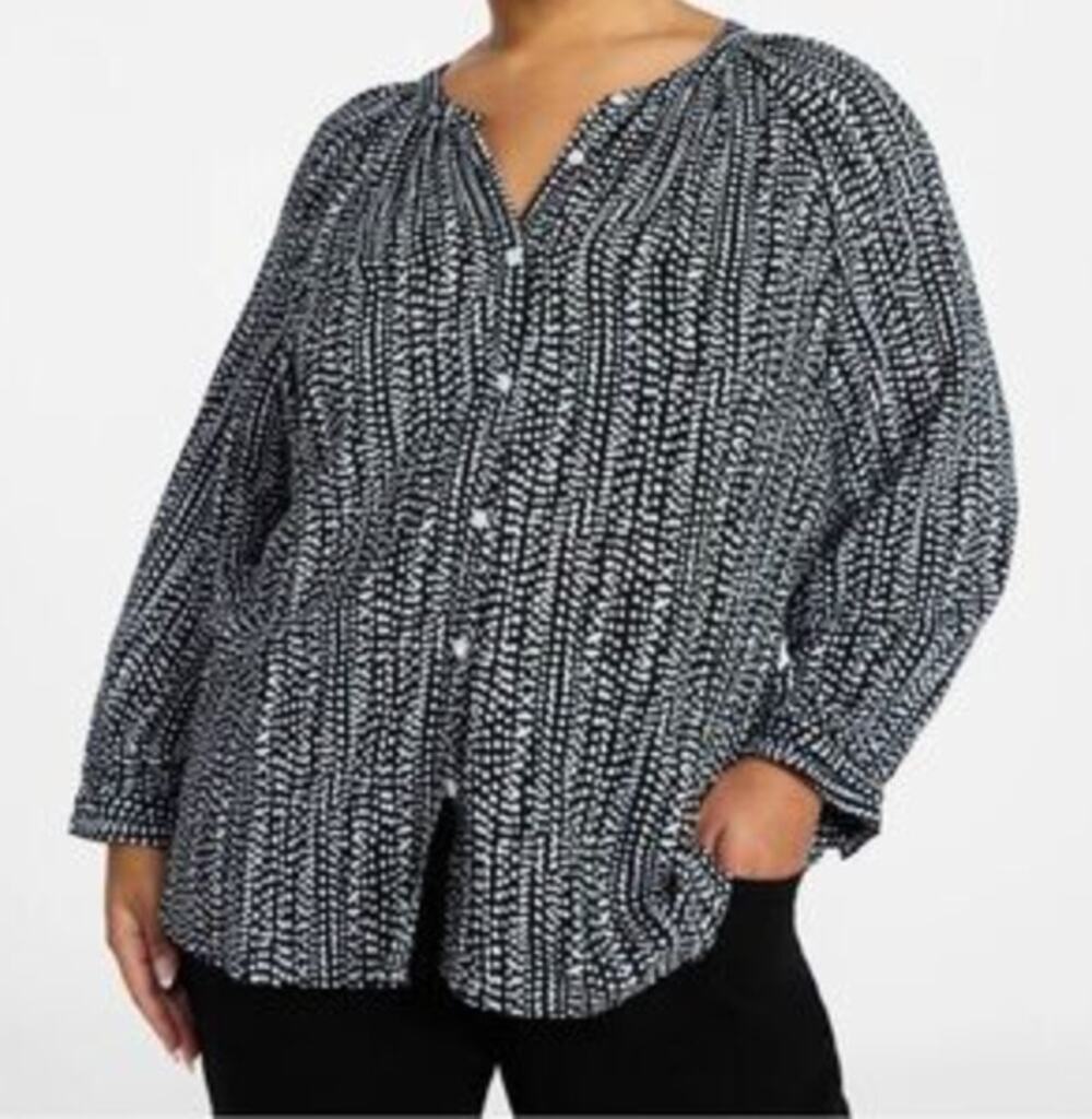 Terra & Sky Black White Abstract Spot Print Button Down Blouse Plus Size 2X